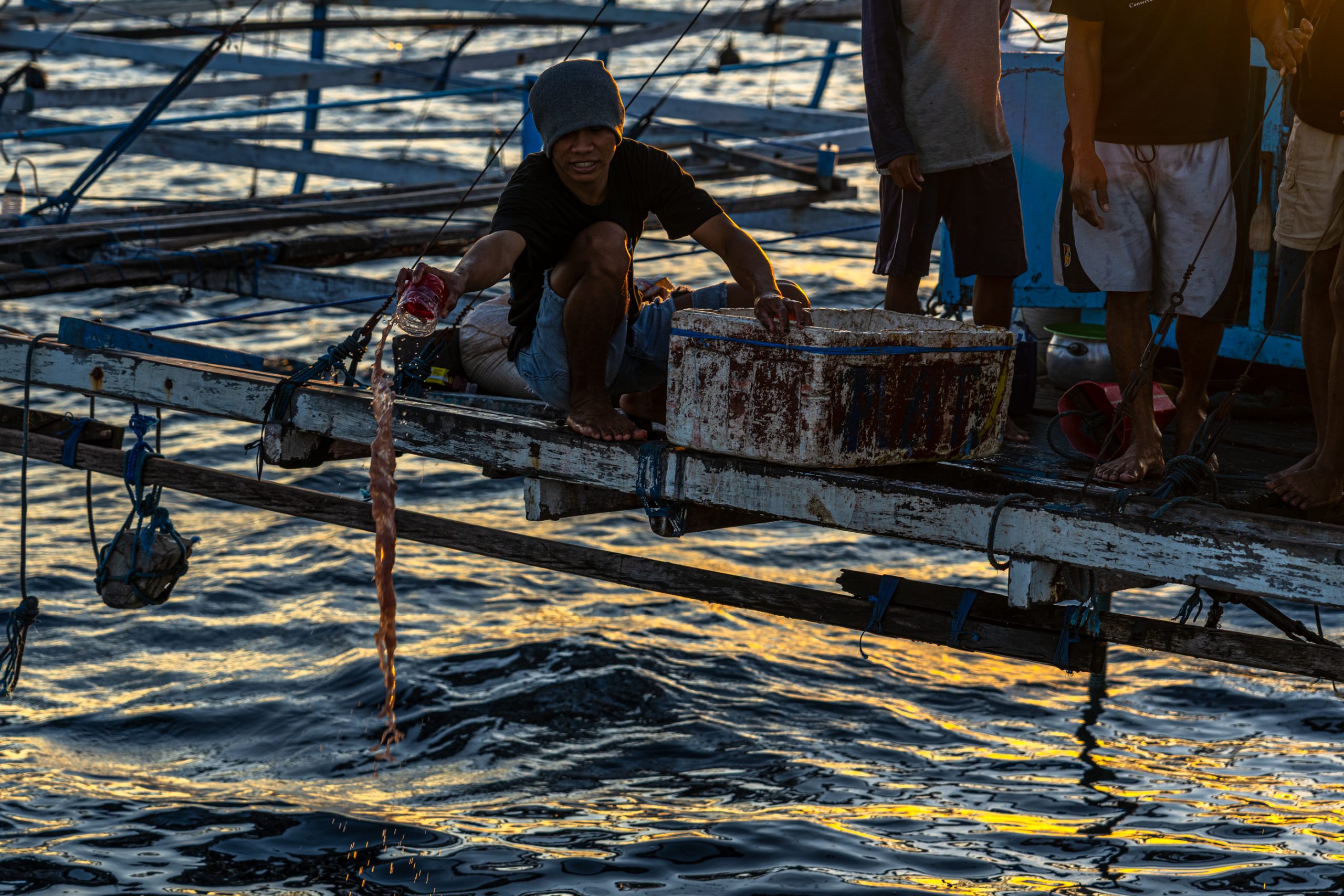 Pêcheur Indonésien vidant sang de poisson